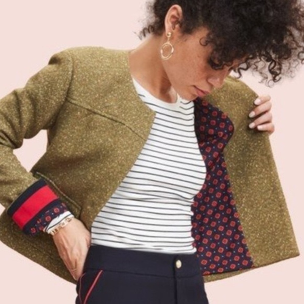 Green Gold Metallic Tweed Crop Blazer Jacket